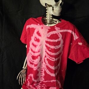 Handmad, Upcycled Hand Bleached Red Skeleton T-Shirt